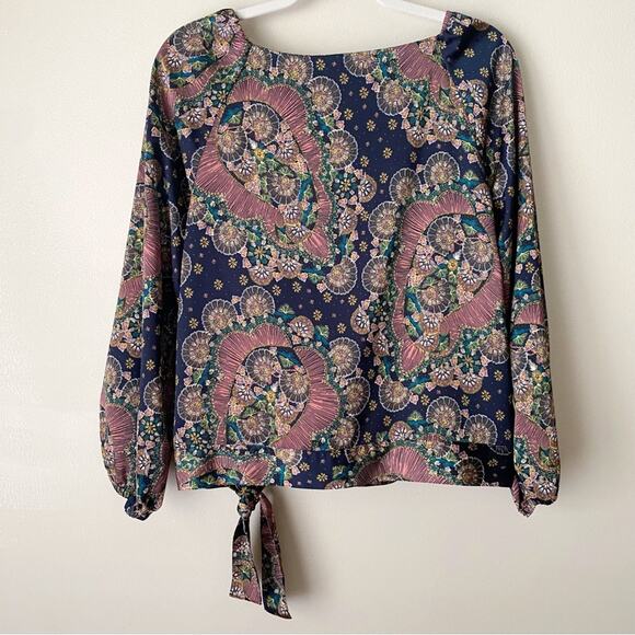 Point Sur J. Crew | Satin Crepe Paisley Floral Wrap Blouse Top V-neck Navy Large - Picture 6 of 8